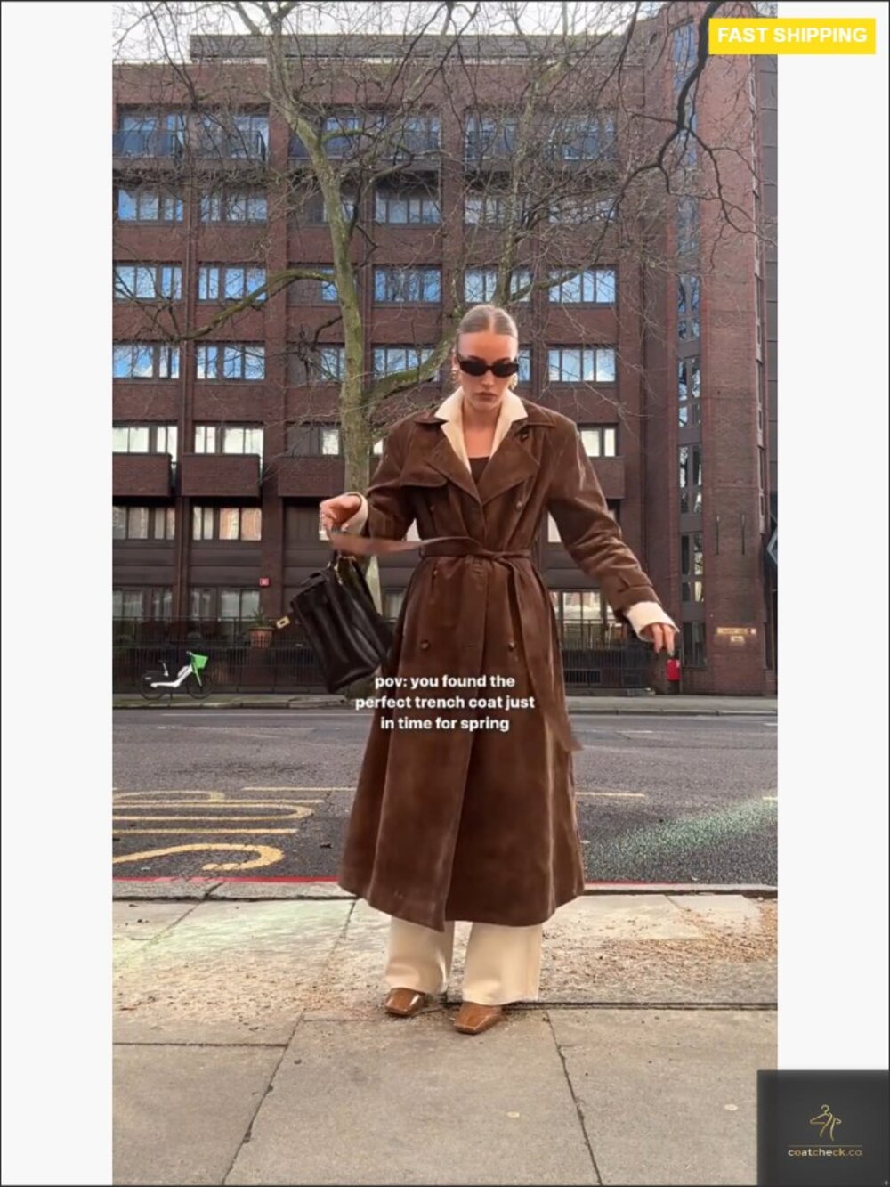 Faux Suede Double Breasted Long Trench Coat Notched Lapel Belted Overcoat - Picture 7 of 7